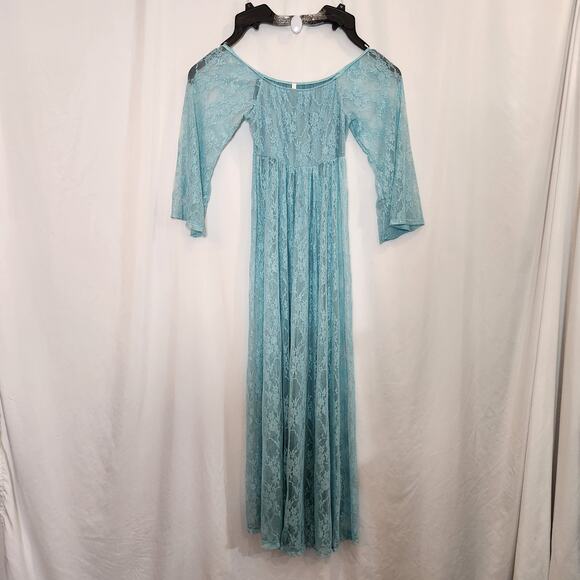 PINK BLUSH Aqua Sheer Lace Photo Shoot Off Shoulder Maternity Small S FLAWED - Picture 1 of 7